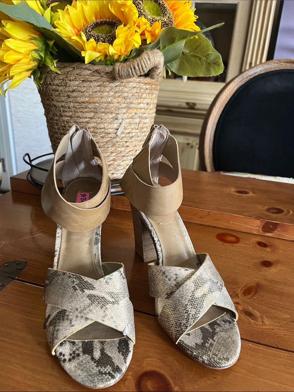 Betsey Johnson Taupe Snake-Print Block Heel Sandals